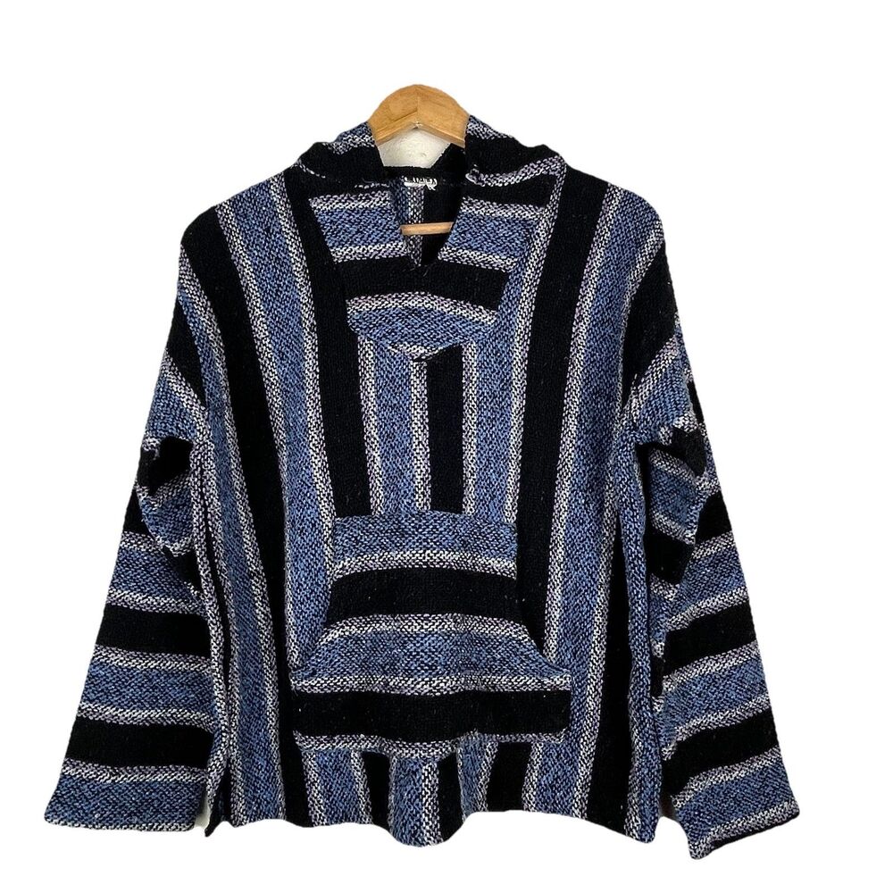 Vintage Mexican Baja Hoodie Blue Black Striped Pullover Kangaroo Pocket M - Picture 4 of 9